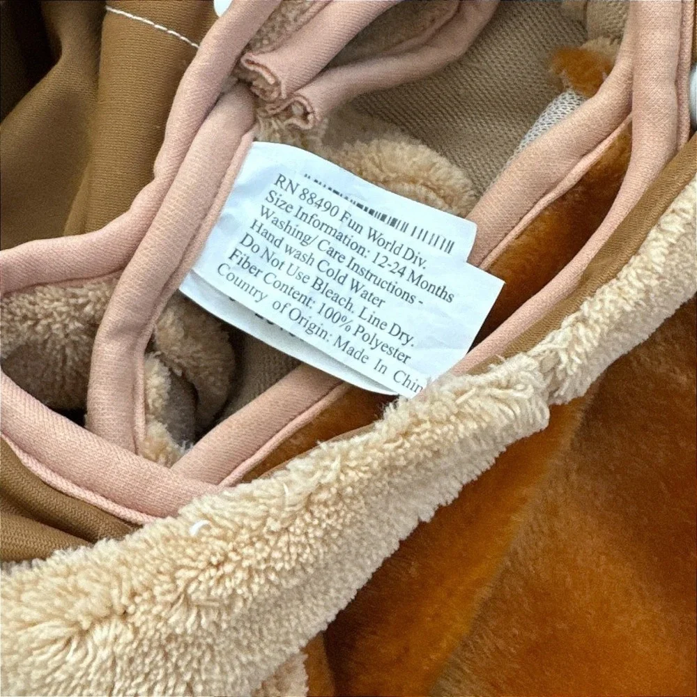 Fun World Baby Dog‎ Costume 12-24M Tan Puppy Fleece Jumpsuit Hood Mittens Tail